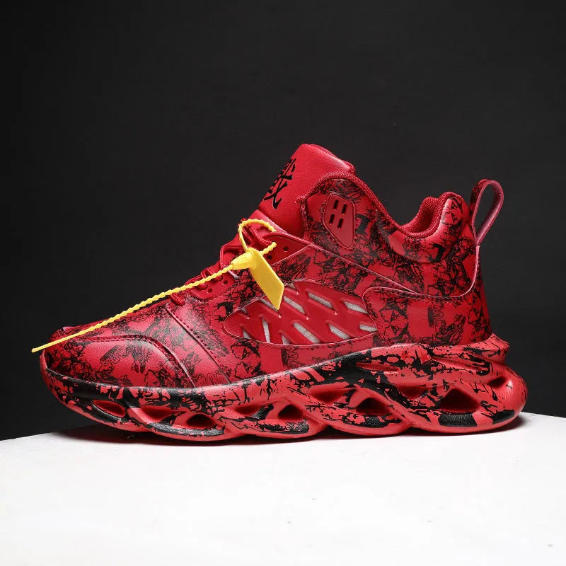 Men's black camouflage high-top basketball shoes with a rubber sole.