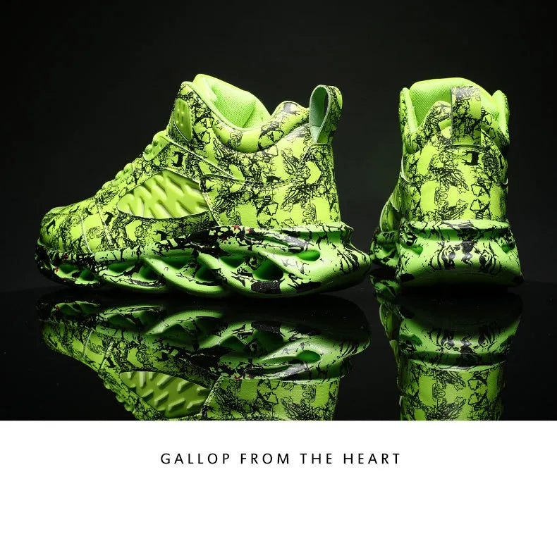 Men's black camouflage high-top basketball shoes with a rubber sole.