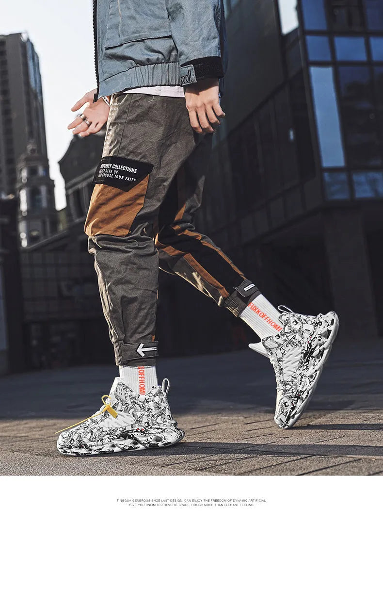 Men's black camouflage high-top basketball shoes with a rubber sole.
