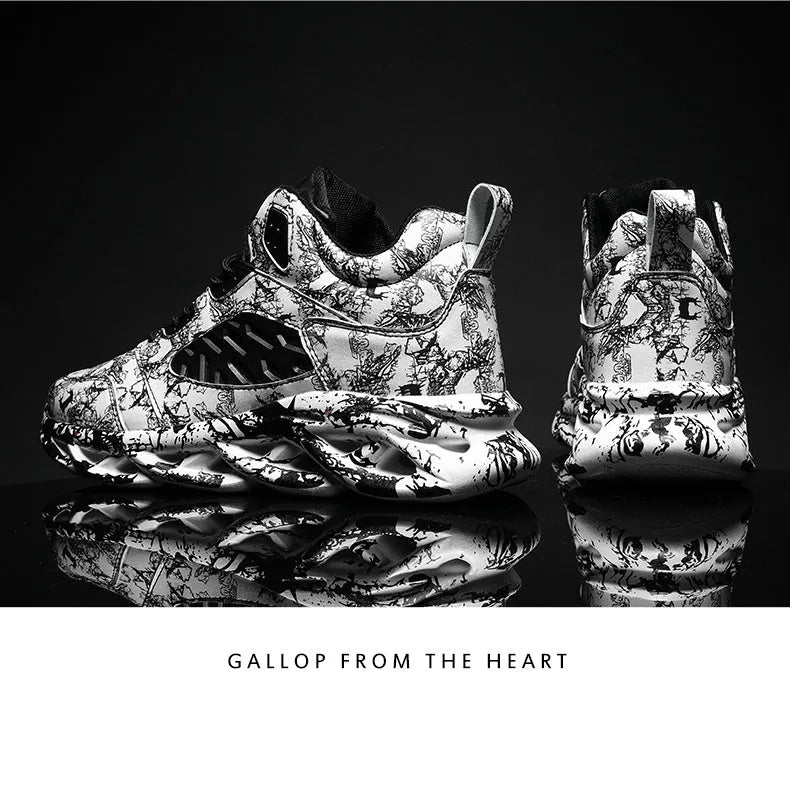Men's black camouflage high-top basketball shoes with a rubber sole.