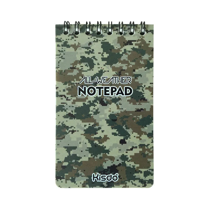 Waterproof spiral-bound notepad with stone paper pages and PP cover in camouflage colour options.