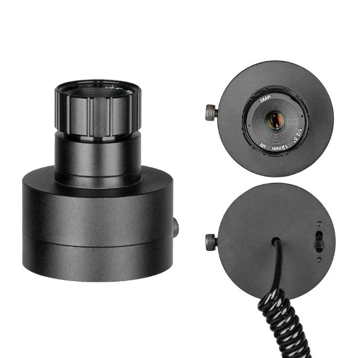 Black digital night vision goggles with a 5-inch LCD screen and separate infrared transmitter for 200m range.