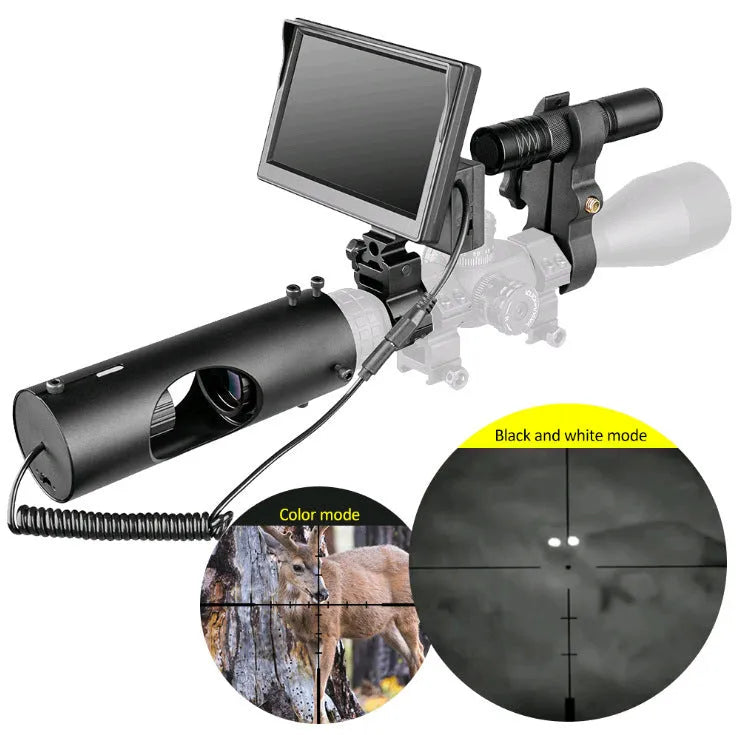 Black digital night vision goggles with a 5-inch LCD screen and separate infrared transmitter for 200m range.