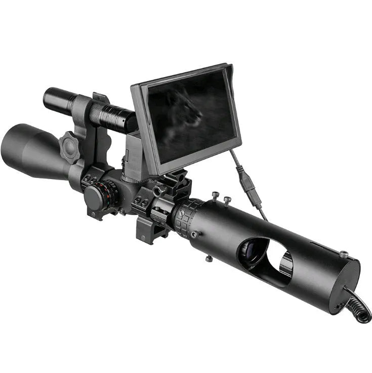 Black digital night vision goggles with a 5-inch LCD screen and separate infrared transmitter for 200m range.