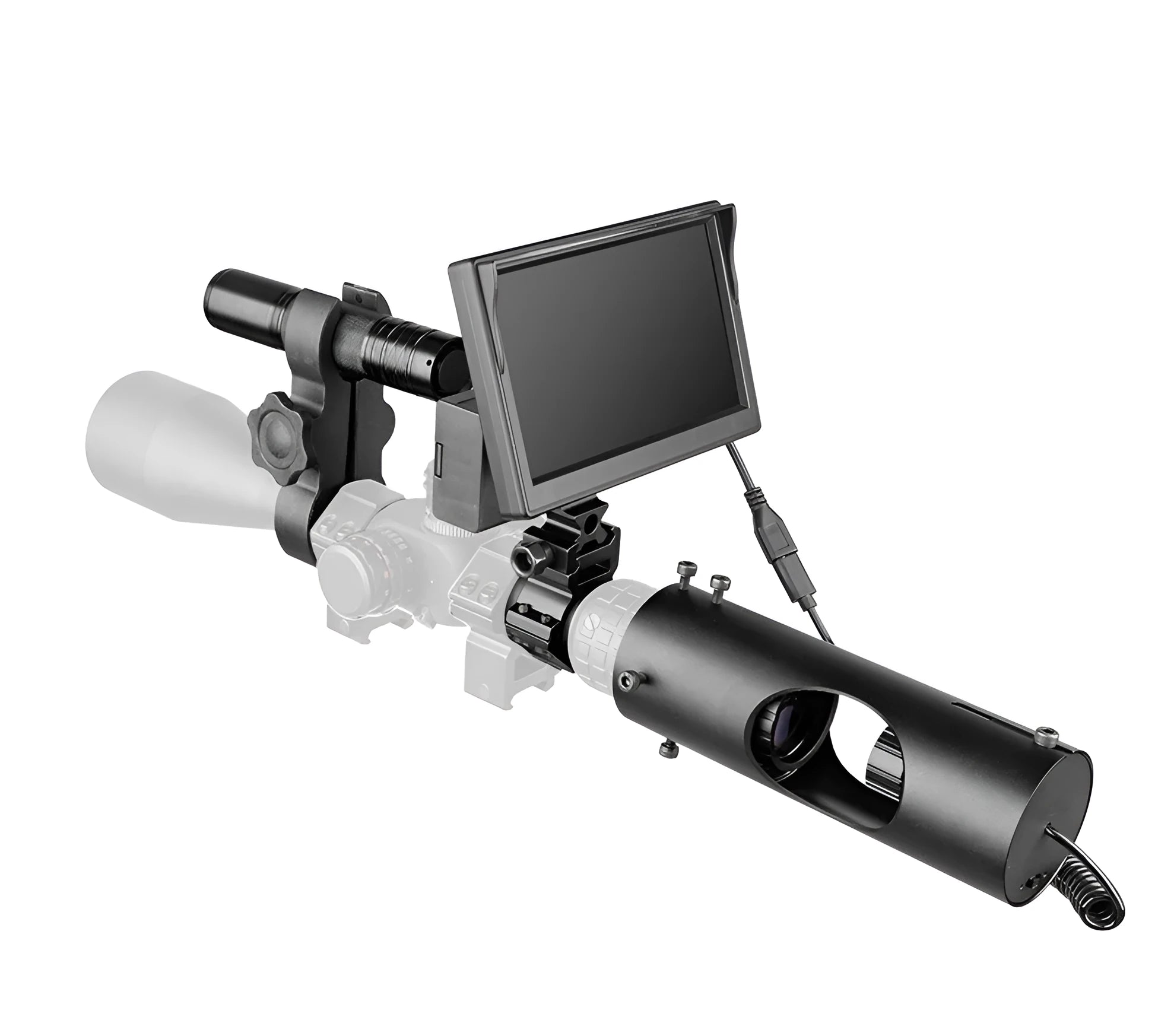 Black digital night vision goggles with a 5-inch LCD screen and separate infrared transmitter for 200m range.