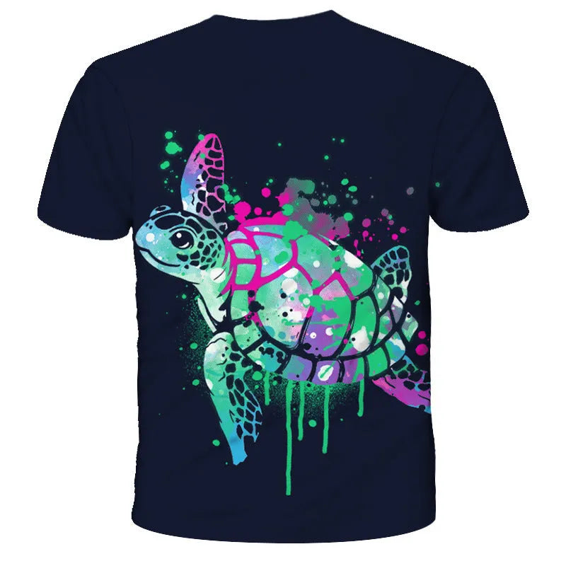 Men's black short sleeve t shirt with 3D turtle cartoon print, slim fit round neck