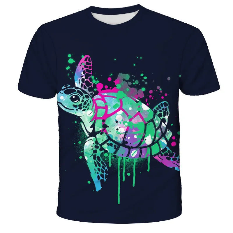 Men's black short sleeve t shirt with 3D turtle cartoon print, slim fit round neck