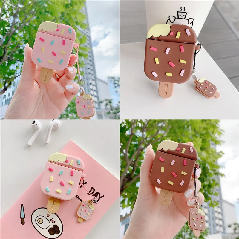 Pink and brown cartoon sandwich ice cream design silicone cover for Apple AirPods case with pendant.
