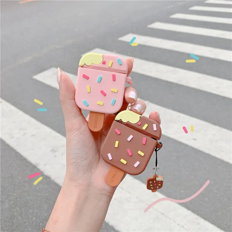 Pink and brown cartoon sandwich ice cream design silicone cover for Apple AirPods case with pendant.