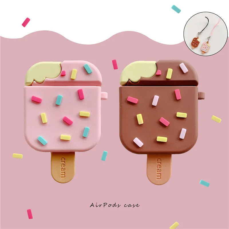 Pink and brown cartoon sandwich ice cream design silicone cover for Apple AirPods case with pendant.
