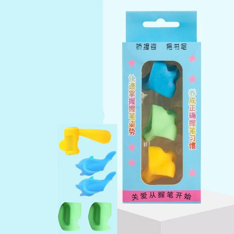 Children's orthosis pen holder for writing grip with writing corrector, shown in various colours and styles.
