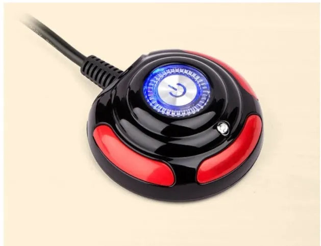 Black and red desktop computer power switch with on/off button, reset button, and a 1.6 metre cable.