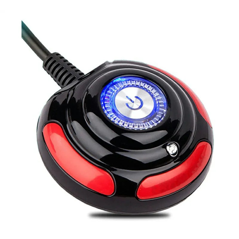 Black and red desktop computer power switch with on/off button, reset button, and a 1.6 metre cable.