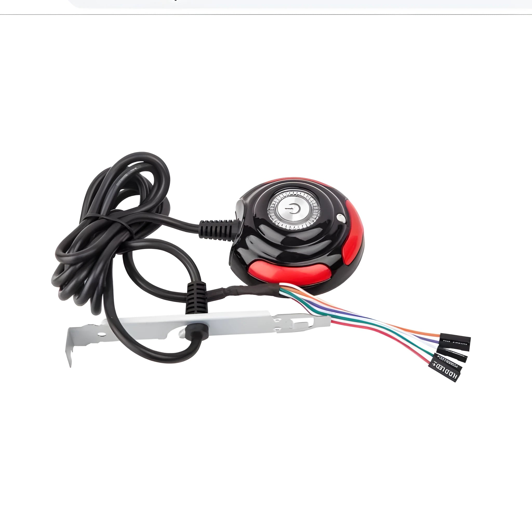 Black and red desktop computer power switch with on/off button, reset button, and a 1.6 metre cable.