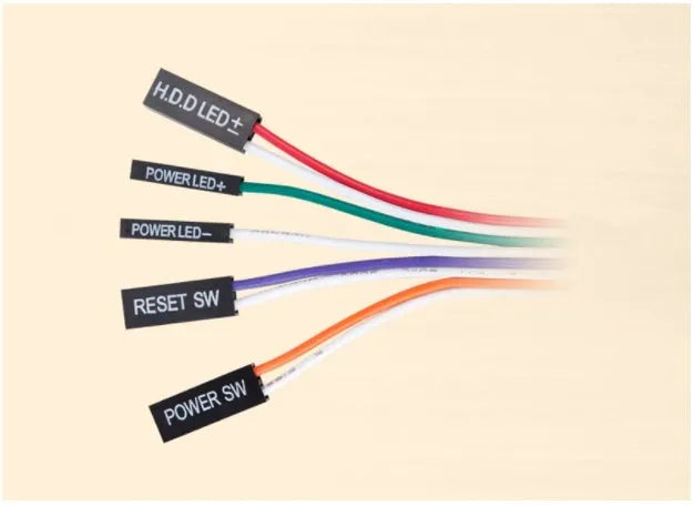 Black and red desktop computer power switch with on/off button, reset button, and a 1.6 metre cable.