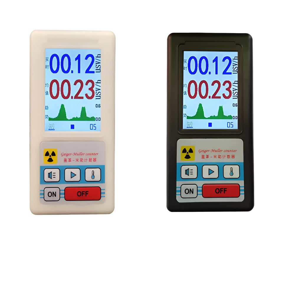 Nuclear radiation detector with energy-compensated GM tube, ABS shell, black colour, front view showing display and controls