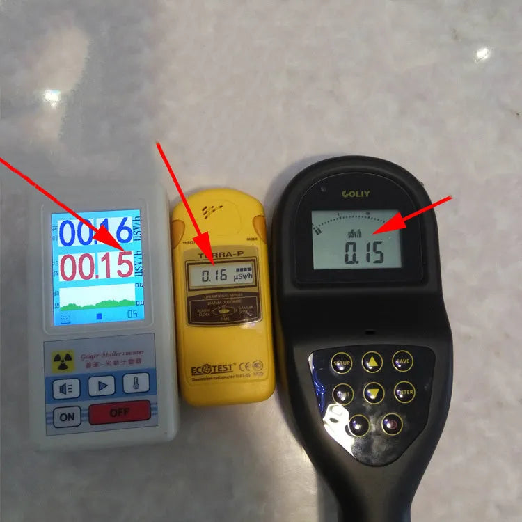 Nuclear radiation detector with energy-compensated GM tube, ABS shell, black colour, front view showing display and controls