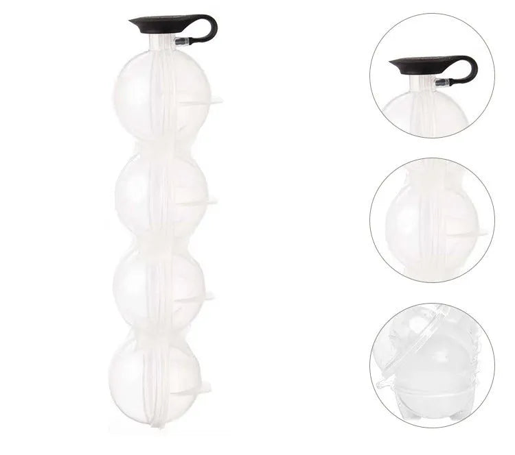 White four-hole ice hockey mold with black silicone cover, 23 x 6.5 x 5.5 cm, round ice spheres for whiskey