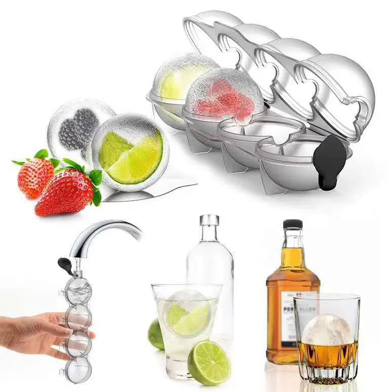 White four-hole ice hockey mold with black silicone cover, 23 x 6.5 x 5.5 cm, round ice spheres for whiskey