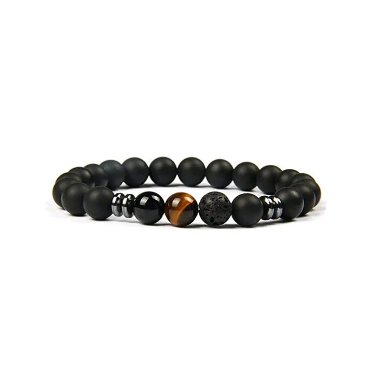 Tiger eye stone and volcanic stone round bead unisex bracelet with size options