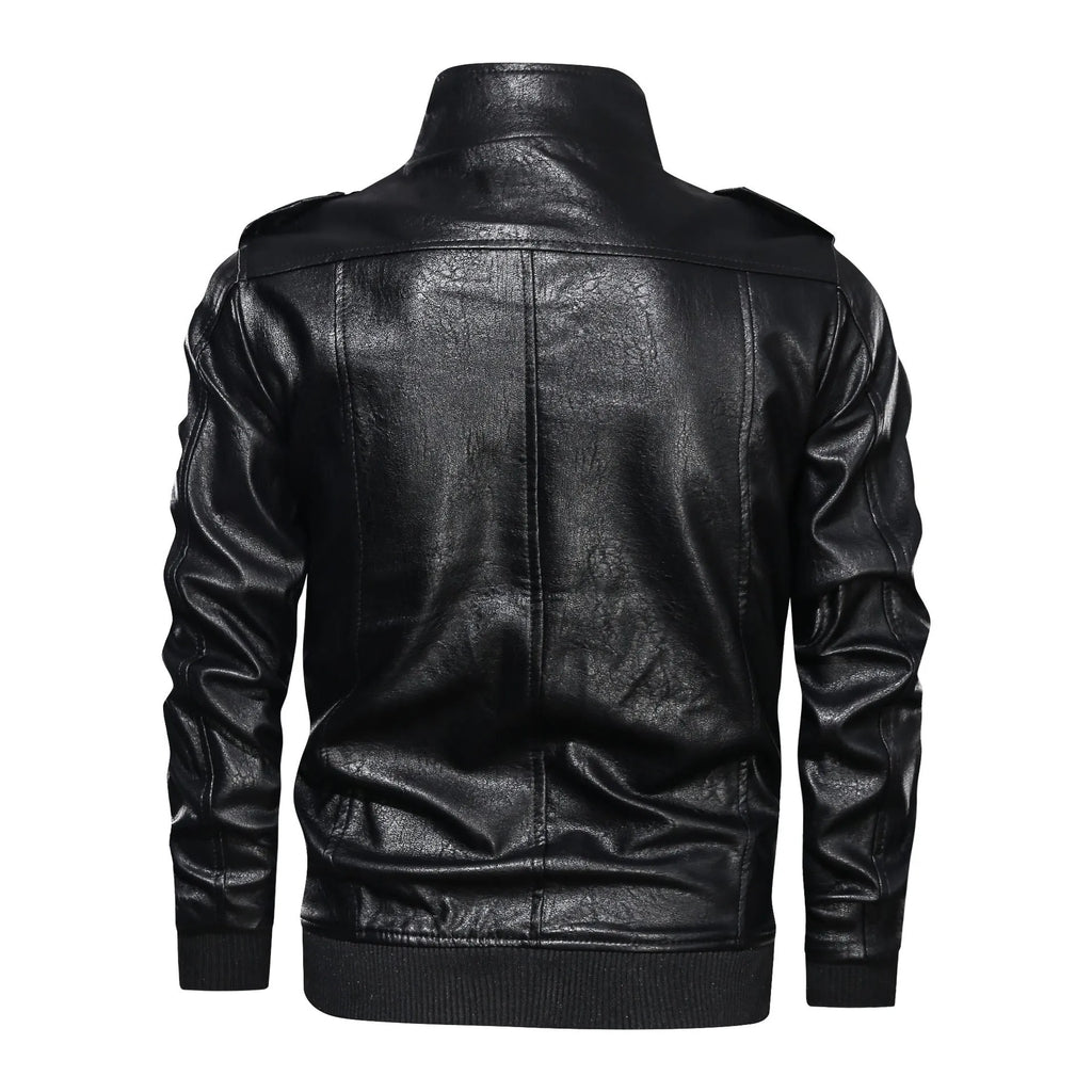 Men's retro washed PU leather jacket in brown, front view, zipper closure, fit type style