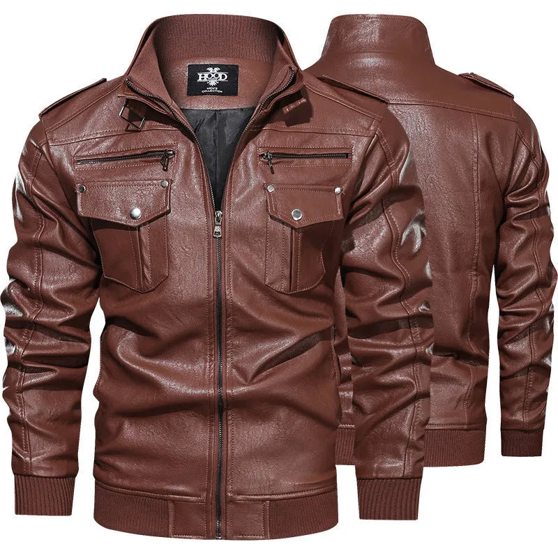 Men's retro washed PU leather jacket in brown, front view, zipper closure, fit type style