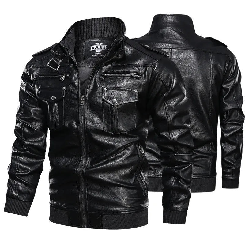 Men's retro washed PU leather jacket in brown, front view, zipper closure, fit type style