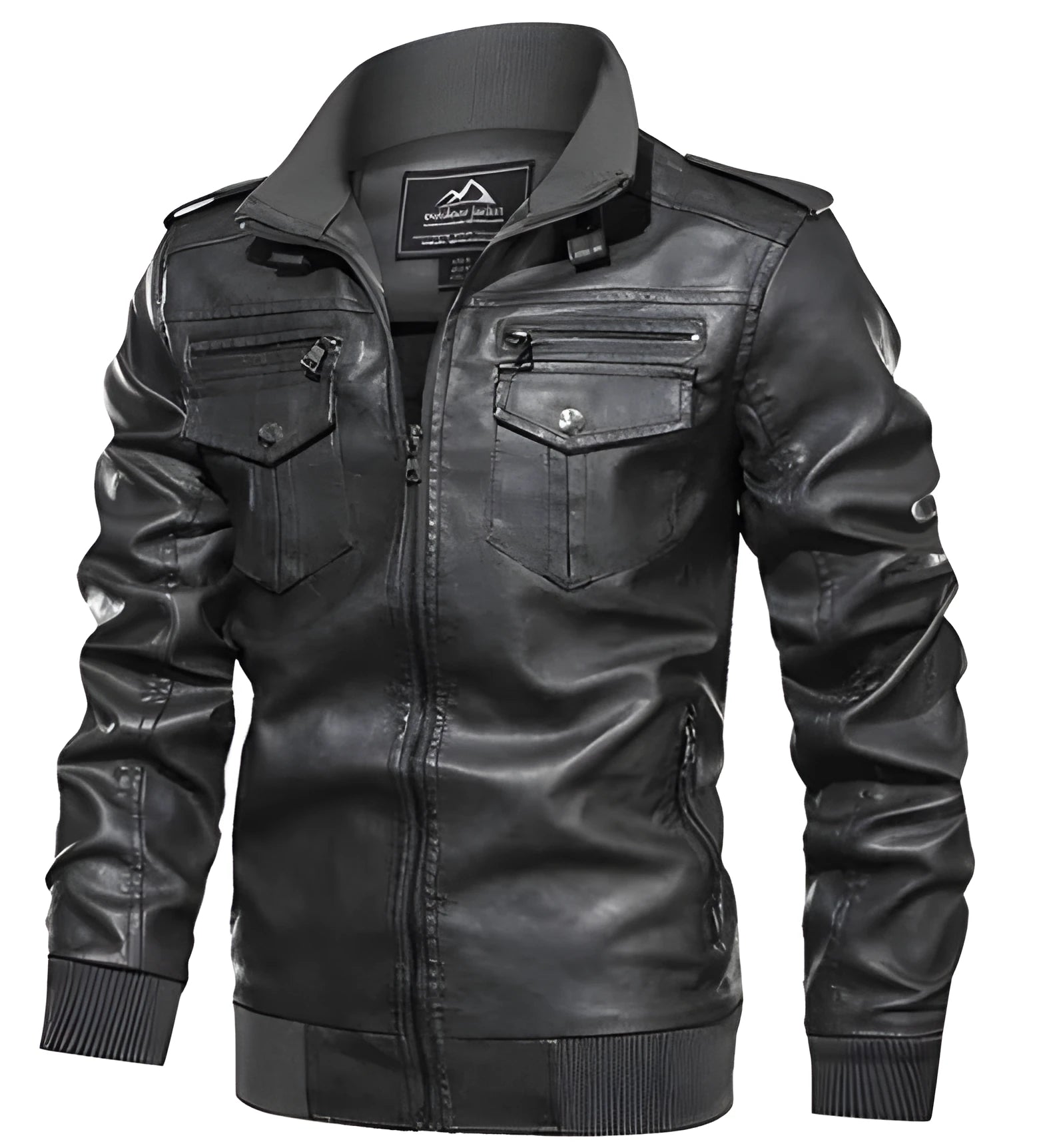 Men's retro washed PU leather jacket in brown, front view, zipper closure, fit type style