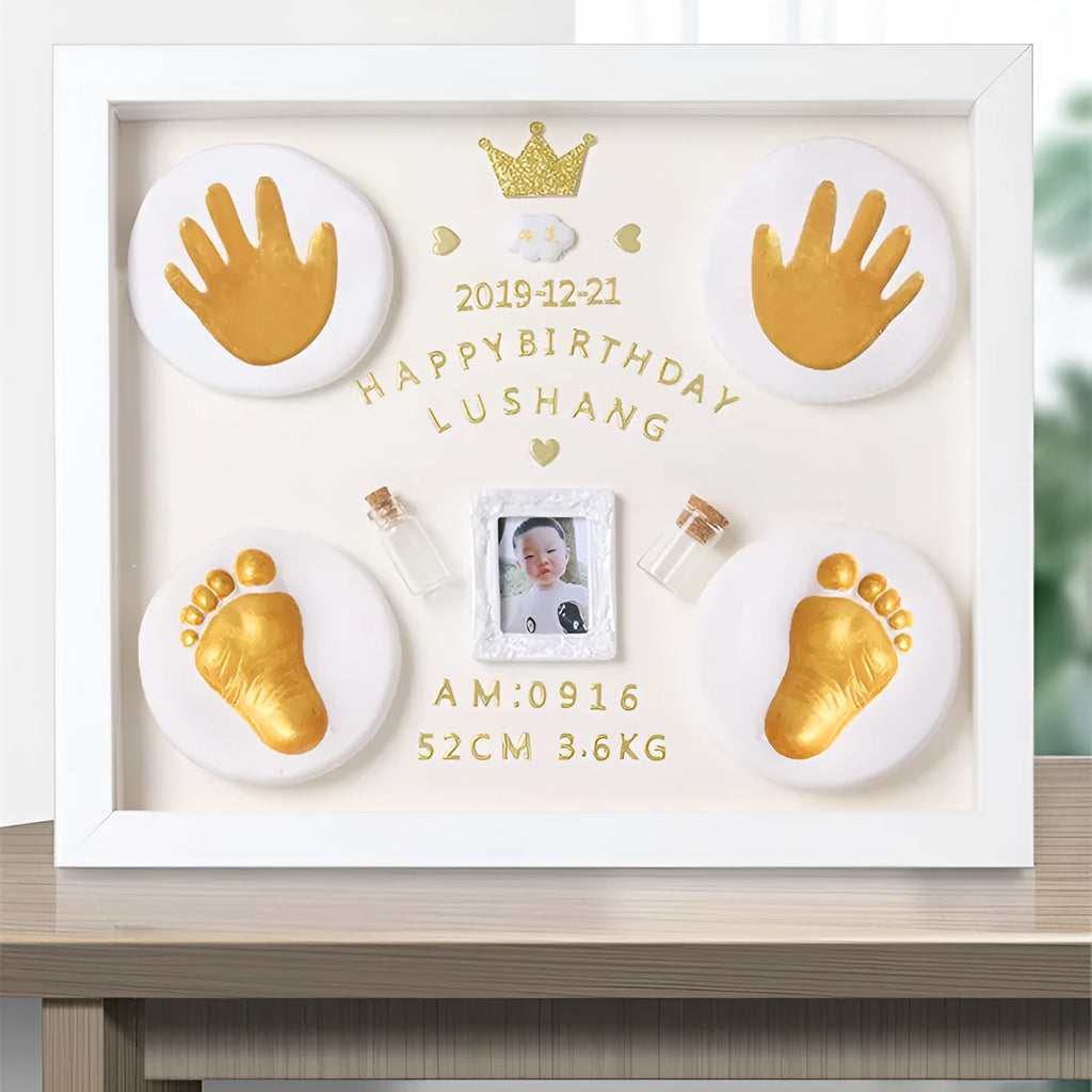 A modern DIY frame for displaying a baby's hand and foot prints, shown in a choice of colours.