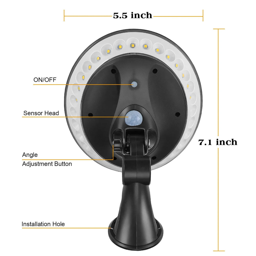 White 360-degree solar-powered security light with motion sensor on wall.