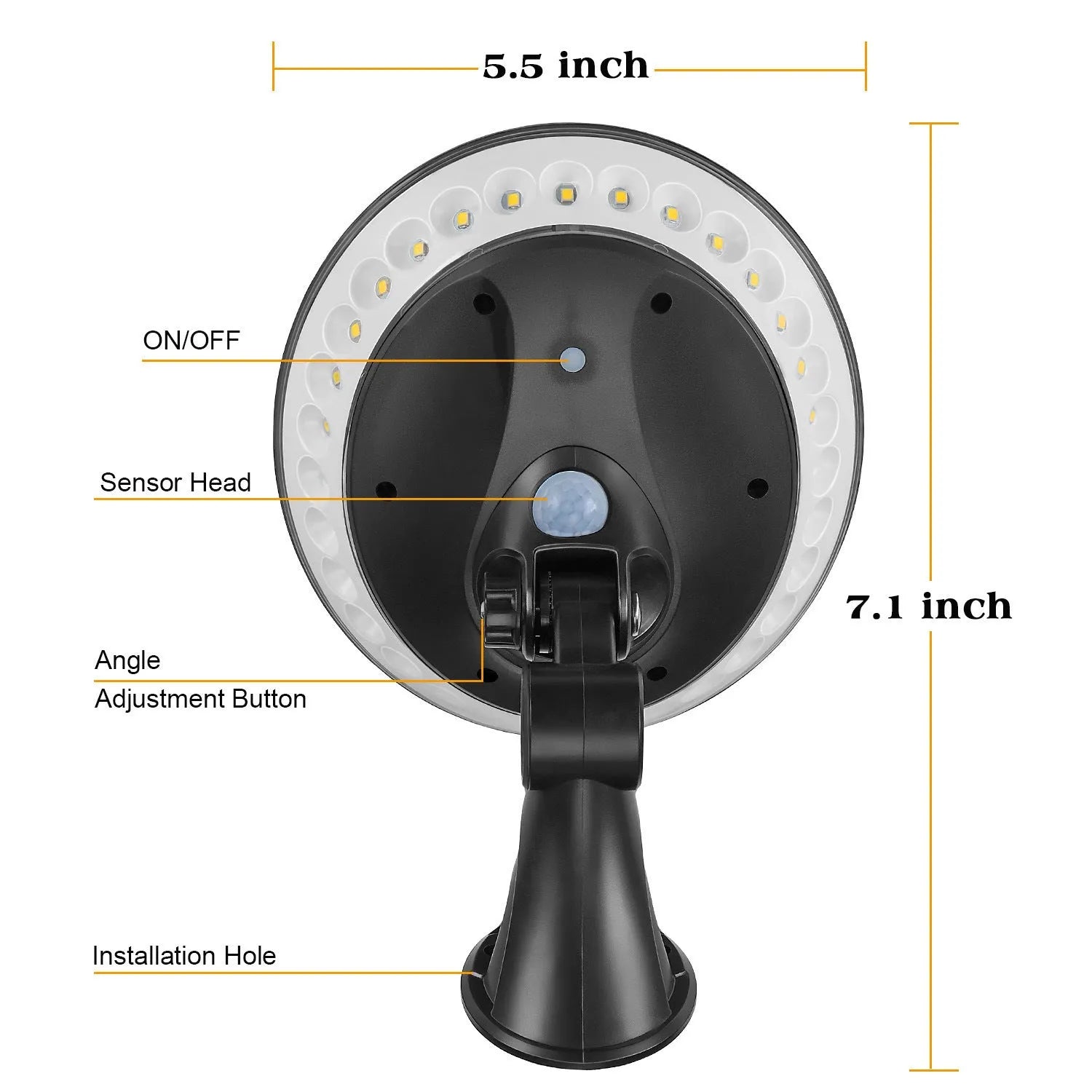 White 360-degree solar-powered security light with motion sensor on wall.