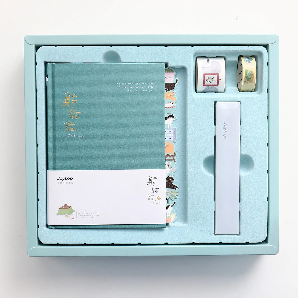Peekaboo gift box hand ledger journal with pen in blue, green, pink, or purple, showing 13x18cm size.