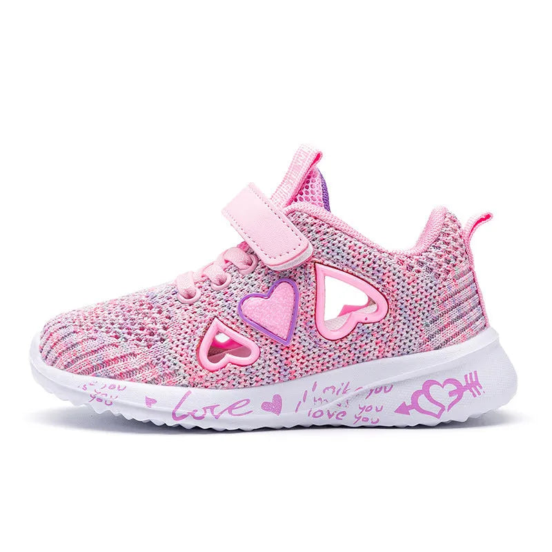 Children's pink mesh sneakers with velcro fastening and hand-painted patterns on lightweight MD soles