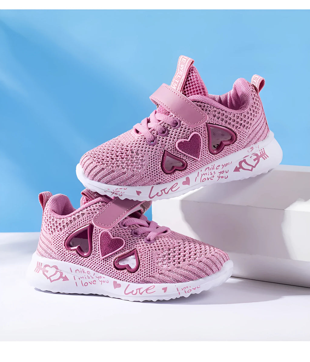 Children's pink mesh sneakers with velcro fastening and hand-painted patterns on lightweight MD soles