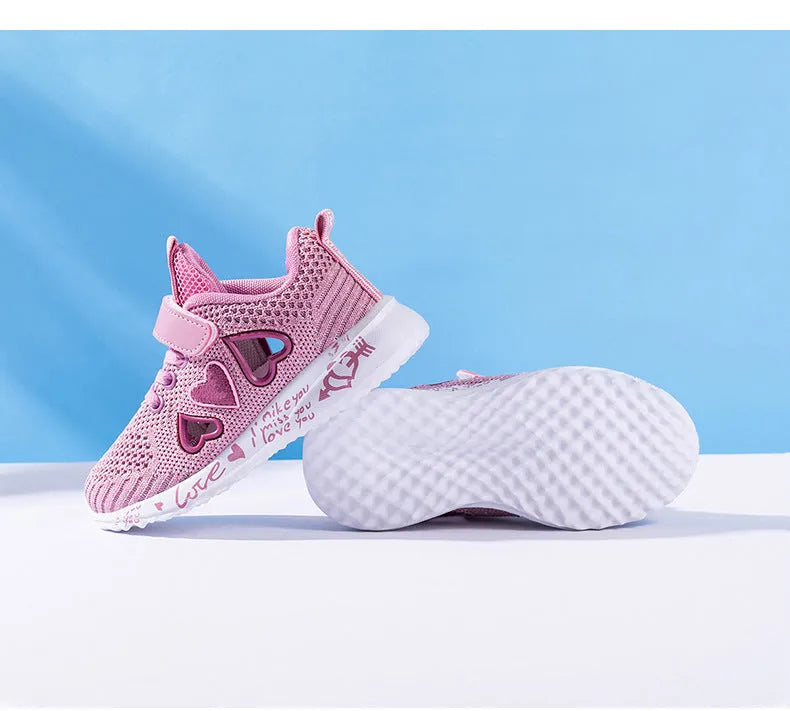 Children's pink mesh sneakers with velcro fastening and hand-painted patterns on lightweight MD soles