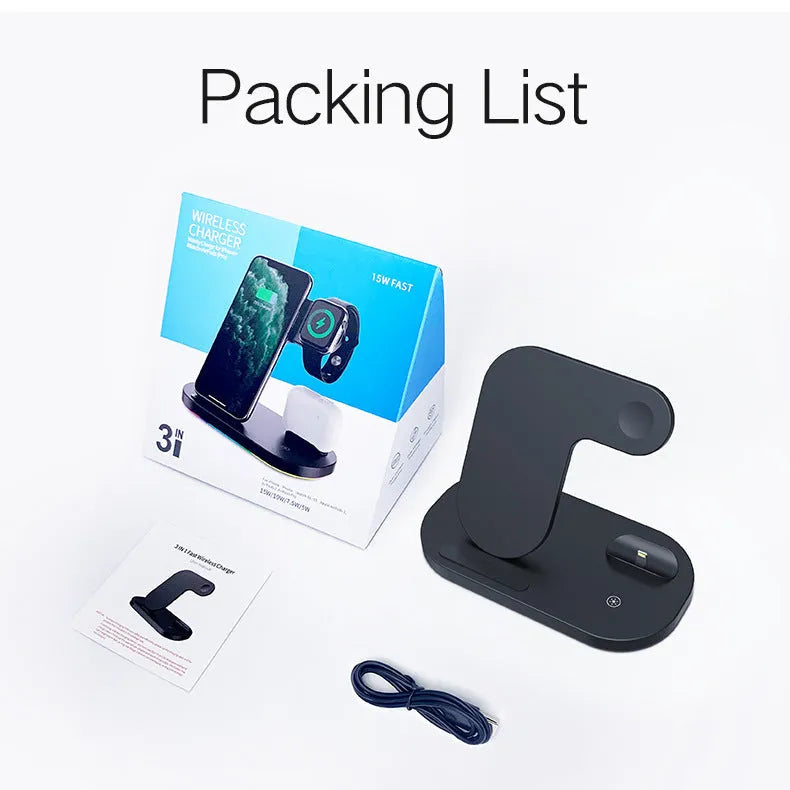 Black and white 3-in-1 wireless charging station for Apple iPhone, Watch, and Airpods Pro.
