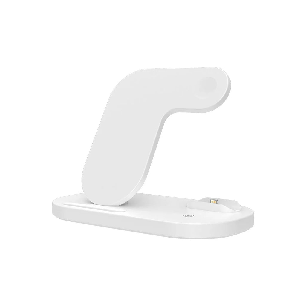 Black and white 3-in-1 wireless charging station for Apple iPhone, Watch, and Airpods Pro.