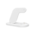 Black and white 3-in-1 wireless charging station for Apple iPhone, Watch, and Airpods Pro.