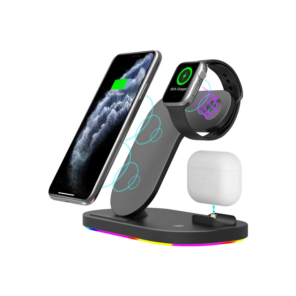 Black and white 3-in-1 wireless charging station for Apple iPhone, Watch, and Airpods Pro.