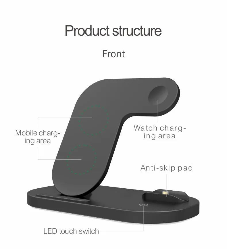 Black and white 3-in-1 wireless charging station for Apple iPhone, Watch, and Airpods Pro.