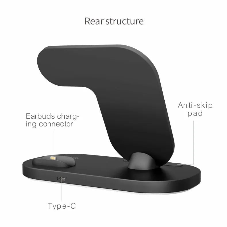 Black and white 3-in-1 wireless charging station for Apple iPhone, Watch, and Airpods Pro.