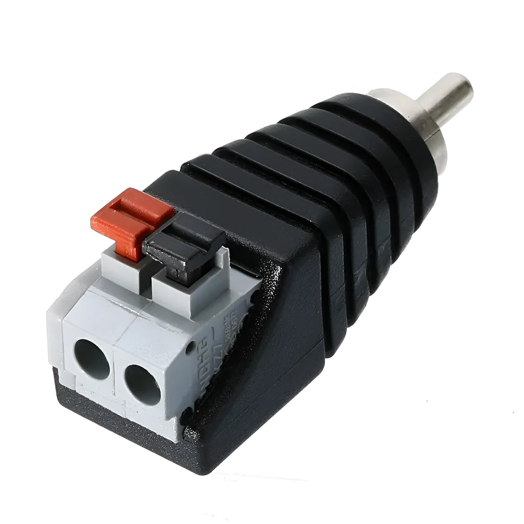 Mayitr single male RCA connector with plastic shell, press-fit design, and 2 holes for audio cable termination