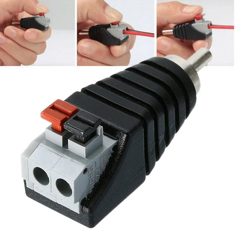 Mayitr single male RCA connector with plastic shell, press-fit design, and 2 holes for audio cable termination