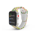 Colourful printed silicone Apple Watch band showing tie-dye and floral patterns for 38mm to 44mm models
