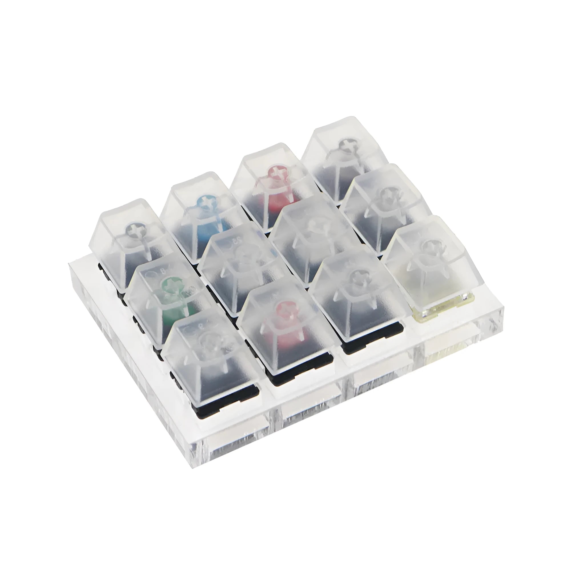 White Cherry mechanical keyboard switch tester showing twelve different MX switches.