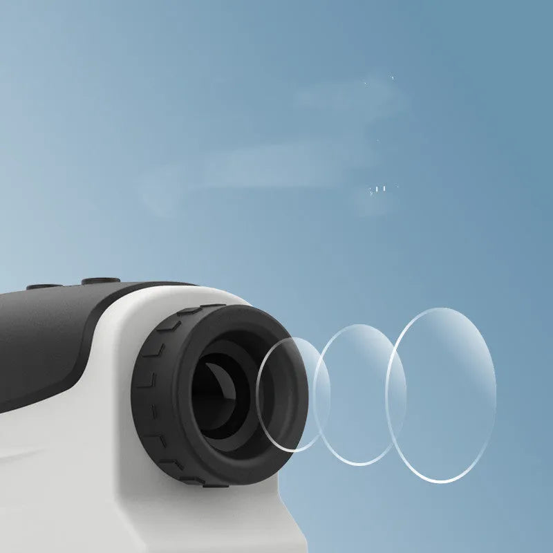 Handheld laser rangefinder distance measuring instrument for golf and outdoor use.