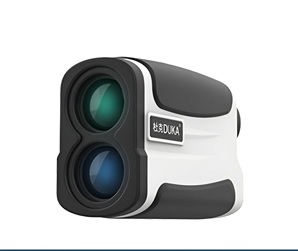Handheld laser rangefinder distance measuring instrument for golf and outdoor use.