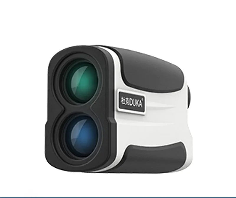 Handheld laser rangefinder distance measuring instrument for golf and outdoor use.