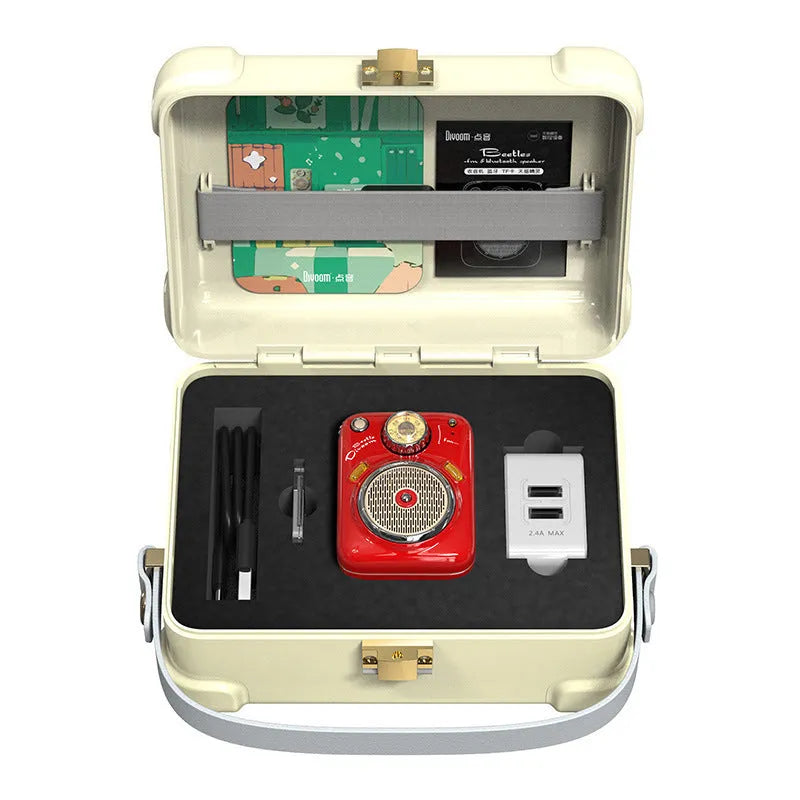 Compact smart Bluetooth and FM radio speaker in green, showing front view with speaker grill.