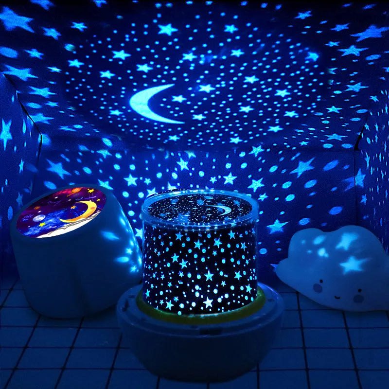 Pruixin projector night light showing star and love patterns projected on a bedroom ceiling.